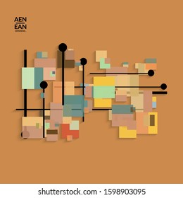 Abstract retro colored mid century background. Modern material design with overlapping geometric shapes. Realistic shadow of paper cut craft. Template with different levels of paper surfaces.