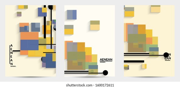 Abstract retro colored mid century background. Modern material design with overlapping geometric shapes. Realistic shadow of paper cut craft. Template with different levels of paper surfaces.