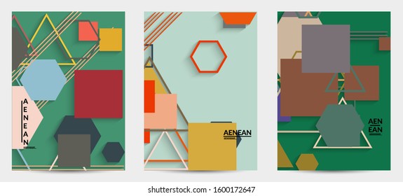 Abstract retro colored mid century background. Modern material design with overlapping geometric shapes. Realistic shadow of paper cut craft. Template with different levels of paper surfaces.