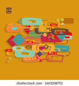 Abstract retro colored mid century background. Modern material design with overlapping geometric shapes. Realistic shadow of paper cut craft. Template with different levels of paper surfaces.