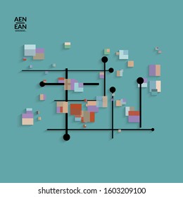 Abstract retro colored mid century background. Modern material design with overlapping geometric shapes. Realistic shadow of paper cut craft. Template with different levels of paper surfaces.
