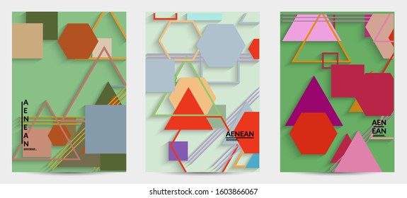 Abstract retro colored mid century background. Modern material design with overlapping geometric shapes. Realistic shadow of paper cut craft. Template with different levels of paper surfaces.