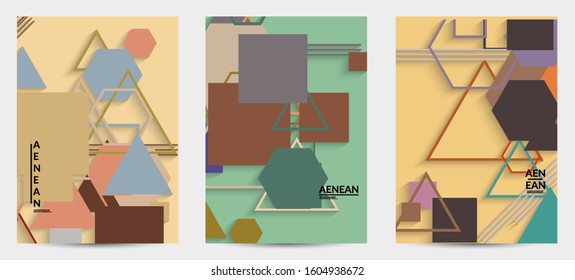 Abstract retro colored mid century background. Modern material design with overlapping geometric shapes. Realistic shadow of paper cut craft. Template with different levels of paper surfaces.