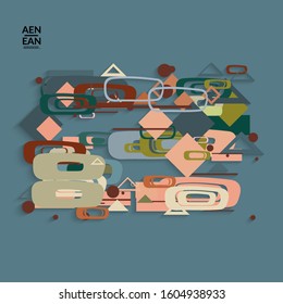 Abstract retro colored mid century background. Modern material design with overlapping geometric shapes. Realistic shadow of paper cut craft. Template with different levels of paper surfaces.