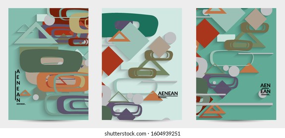 Abstract retro colored mid century background. Modern material design with overlapping geometric shapes. Realistic shadow of paper cut craft. Template with different levels of paper surfaces.