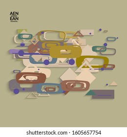 Abstract retro colored mid century background. Modern material design with overlapping geometric shapes. Realistic shadow of paper cut craft. Template with different levels of paper surfaces.