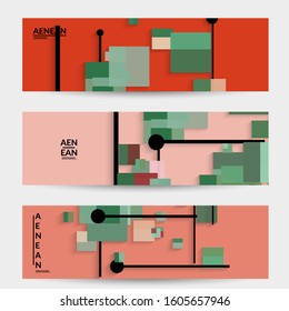 Abstract retro colored mid century background. Modern material design with overlapping geometric shapes. Realistic shadow of paper cut craft. Template with different levels of paper surfaces.