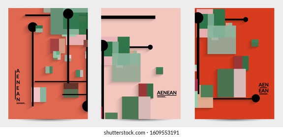 Abstract retro colored mid century background. Modern material design with overlapping geometric shapes. Realistic shadow of paper cut craft. Template with different levels of paper surfaces.
