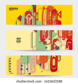 Abstract retro colored mid century background. Modern material design with overlapping geometric shapes. Realistic shadow of paper cut craft. Template with different levels of paper surfaces.