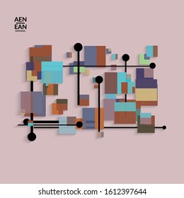Abstract retro colored mid century background. Modern material design with overlapping geometric shapes. Realistic shadow of paper cut craft. Template with different levels of paper surfaces.