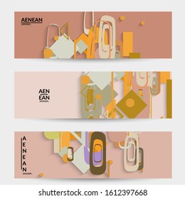 Abstract retro colored mid century background. Modern material design with overlapping geometric shapes. Realistic shadow of paper cut craft. Template with different levels of paper surfaces.