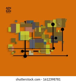 Abstract retro colored mid century background. Modern material design with overlapping geometric shapes. Realistic shadow of paper cut craft. Template with different levels of paper surfaces.