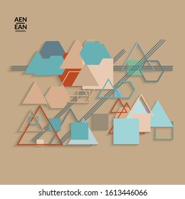 Abstract retro colored mid century background. Modern material design with overlapping geometric shapes. Realistic shadow of paper cut craft. Template with different levels of paper surfaces.
