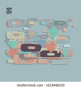 Abstract retro colored mid century background. Modern material design with overlapping geometric shapes. Realistic shadow of paper cut craft. Template with different levels of paper surfaces.