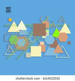 Abstract retro colored mid century background. Modern material design with overlapping geometric shapes. Realistic shadow of paper cut craft. Template with different levels of paper surfaces.