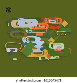 Abstract retro colored mid century background. Modern material design with overlapping geometric shapes. Realistic shadow of paper cut craft. Template with different levels of paper surfaces.