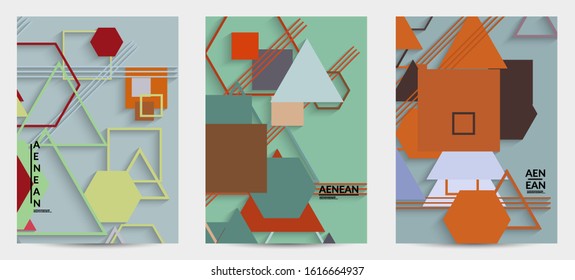 Abstract retro colored mid century background. Modern material design with overlapping geometric shapes. Realistic shadow of paper cut craft. Template with different levels of paper surfaces.