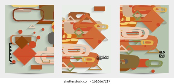 Abstract retro colored mid century background. Modern material design with overlapping geometric shapes. Realistic shadow of paper cut craft. Template with different levels of paper surfaces.