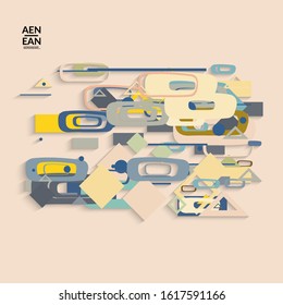 Abstract retro colored mid century background. Modern material design with overlapping geometric shapes. Realistic shadow of paper cut craft. Template with different levels of paper surfaces.