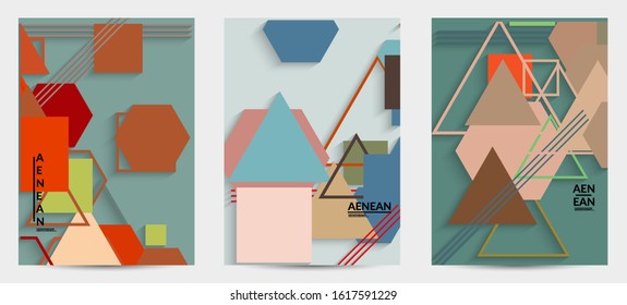 Abstract retro colored mid century background. Modern material design with overlapping geometric shapes. Realistic shadow of paper cut craft. Template with different levels of paper surfaces.