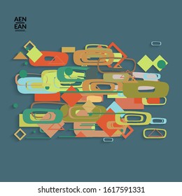 Abstract retro colored mid century background. Modern material design with overlapping geometric shapes. Realistic shadow of paper cut craft. Template with different levels of paper surfaces.