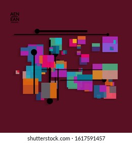 Abstract retro colored mid century background. Modern material design with overlapping geometric shapes. Realistic shadow of paper cut craft. Template with different levels of paper surfaces.
