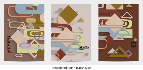 Abstract retro colored mid century background. Modern material design with overlapping geometric shapes. Realistic shadow of paper cut craft. Template with different levels of paper surfaces.