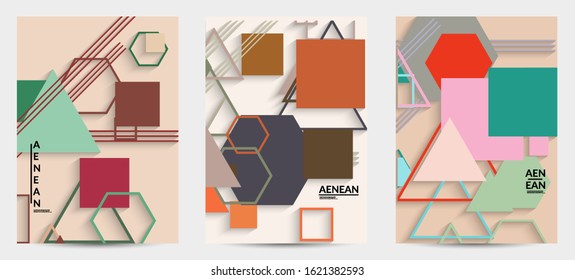 Abstract retro colored mid century background. Modern material design with overlapping geometric shapes. Realistic shadow of paper cut craft. Template with different levels of paper surfaces.