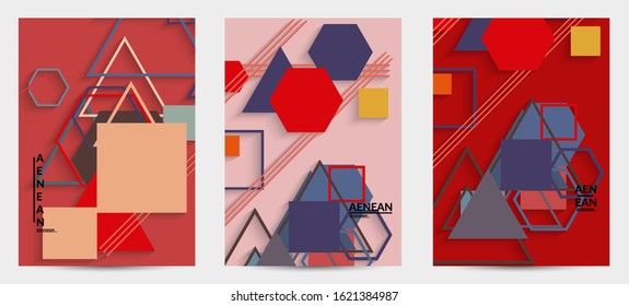 Abstract retro colored mid century background. Modern material design with overlapping geometric shapes. Realistic shadow of paper cut craft. Template with different levels of paper surfaces.