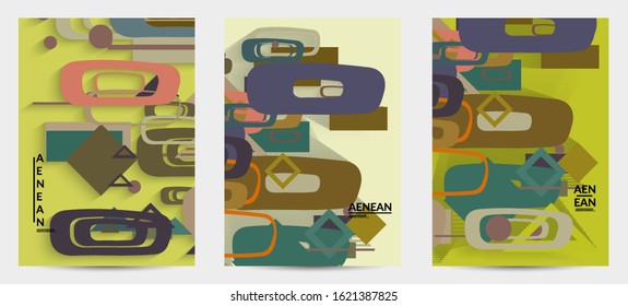 Abstract retro colored mid century background. Modern material design with overlapping geometric shapes. Realistic shadow of paper cut craft. Template with different levels of paper surfaces.