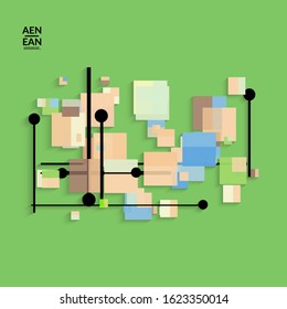 Abstract retro colored mid century background. Modern material design with overlapping geometric shapes. Realistic shadow of paper cut craft. Template with different levels of paper surfaces.