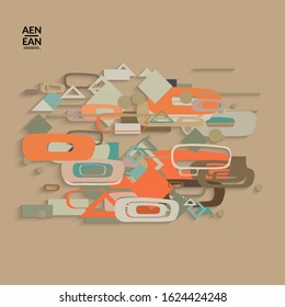 Abstract retro colored mid century background. Modern material design with overlapping geometric shapes. Realistic shadow of paper cut craft. Template with different levels of paper surfaces.