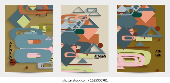 Abstract retro colored mid century background. Modern material design with overlapping geometric shapes. Realistic shadow of paper cut craft. Template with different levels of paper surfaces.