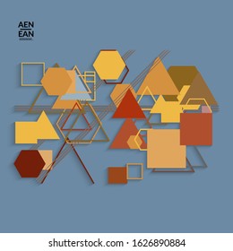 Abstract retro colored mid century background. Modern material design with overlapping geometric shapes. Realistic shadow of paper cut craft. Template with different levels of paper surfaces.