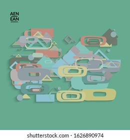 Abstract retro colored mid century background. Modern material design with overlapping geometric shapes. Realistic shadow of paper cut craft. Template with different levels of paper surfaces.