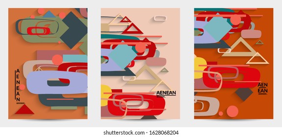 Abstract retro colored mid century background. Modern material design with overlapping geometric shapes. Realistic shadow of paper cut craft. Template with different levels of paper surfaces.