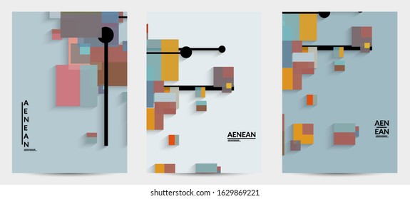 Abstract retro colored mid century background. Modern material design with overlapping geometric shapes. Realistic shadow of paper cut craft. Template with different levels of paper surfaces.