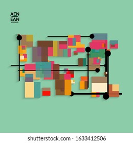 Abstract retro colored mid century background. Modern material design with overlapping geometric shapes. Realistic shadow of paper cut craft. Template with different levels of paper surfaces.