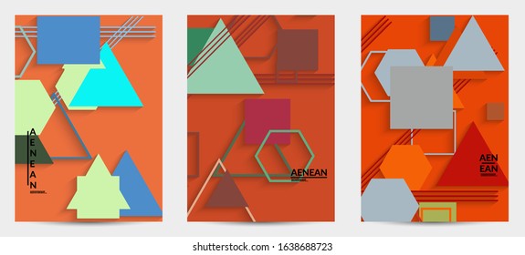 Abstract retro colored mid century background. Modern material design with overlapping geometric shapes. Realistic shadow of paper cut craft. Template with different levels of paper surfaces.