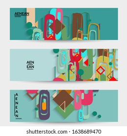 Abstract retro colored mid century background. Modern material design with overlapping geometric shapes. Realistic shadow of paper cut craft. Template with different levels of paper surfaces.