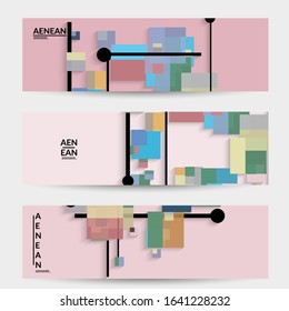 Abstract retro colored mid century background. Modern material design with overlapping geometric shapes. Realistic shadow of paper cut craft. Template with different levels of paper surfaces.