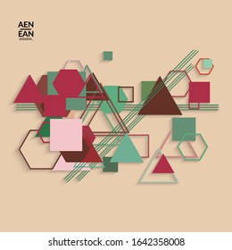 Abstract retro colored mid century background. Modern material design with overlapping geometric shapes. Realistic shadow of paper cut craft. Template with different levels of paper surfaces.