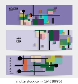 Abstract retro colored mid century background. Modern material design with overlapping geometric shapes. Realistic shadow of paper cut craft. Template with different levels of paper surfaces.