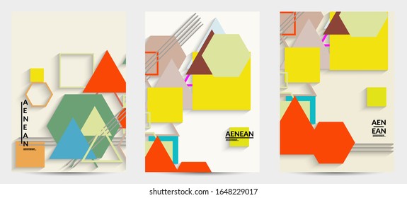 Abstract retro colored mid century background. Modern material design with overlapping geometric shapes. Realistic shadow of paper cut craft. Template with different levels of paper surfaces.