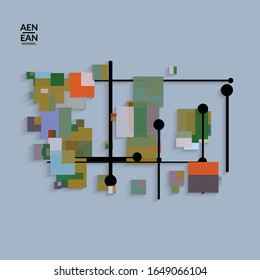 Antecedentes abstractos de color retro a mediados del siglo. Diseño de material moderno con formas geométricas superpuestas. Sombra realista del arte de cortar papel. Plantilla con diferentes niveles de superficies de papel.