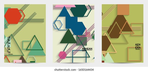 Antecedentes abstractos de color retro a mediados del siglo. Diseño de material moderno con formas geométricas superpuestas. Sombra realista del arte de cortar papel. Plantilla con diferentes niveles de superficies de papel.
