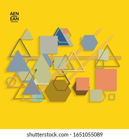 Abstract retro colored mid century background. Modern material design with overlapping geometric shapes. Realistic shadow of paper cut craft. Template with different levels of paper surfaces.