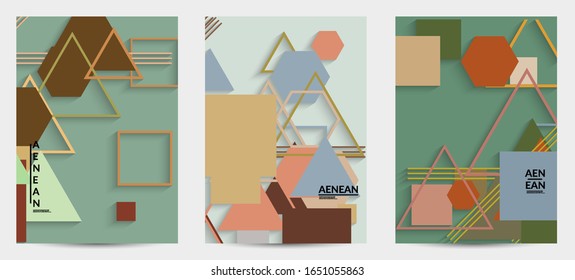 Abstract retro colored mid century background. Modern material design with overlapping geometric shapes. Realistic shadow of paper cut craft. Template with different levels of paper surfaces.