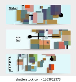 Abstrakter, Retro-farbener Hintergrund Mitte des Jahrhunderts. Modernes Materialdesign mit überlappenden geometrischen Formen. Realistischer Schatten von Papierschnitzerei. Vorlage mit unterschiedlichen Ebenen von Papierflächen.