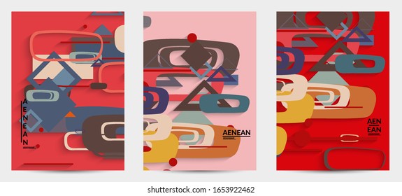Abstract retro colored mid century background. Modern material design with overlapping geometric shapes. Realistic shadow of paper cut craft. Template with different levels of paper surfaces.